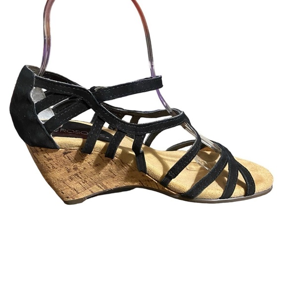 Black Suede Aerosols Broomstick Strappy Corkscrew Contrast Wedge Sandal SZ 6.5 - Picture 2 of 9